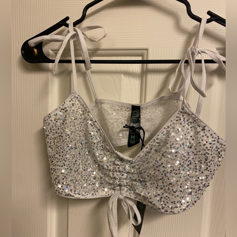 White Silver sparkle sequin Bralette top crop